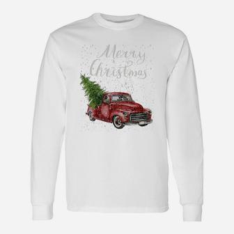 Red Truck Christmas Tree Vintage Red Pickup Truck Tee Long Sleeve T-Shirt - Seseable