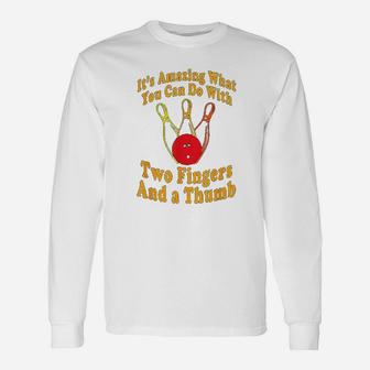 Retro Bowling Ball Two Fingers And A Thumb Long Sleeve T-Shirt - Seseable