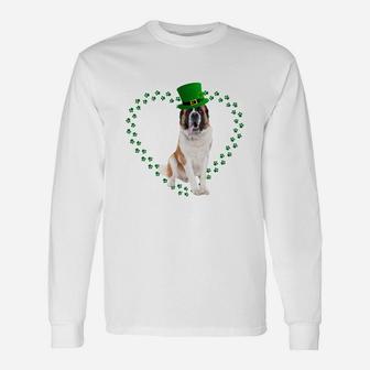 Saint Bernard Heart Paw Leprechaun Hat Irish St Patricks Day For Dog Lovers Long Sleeve T-Shirt - Seseable