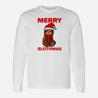 Sloth Santa Merry Slothmas Hat Snowflakes Xmas Long Sleeve T-Shirt - Seseable