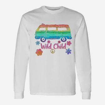 Vintage Hippie Bus Rainbow Van Squad Car Wild Child Long Sleeve T-Shirt - Seseable