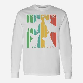 Vintage Retro 1970s Style Rainbow French Bulldogs Silhouette Long Sleeve T-Shirt - Seseable