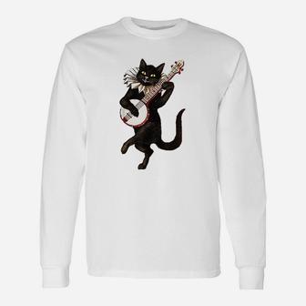 Vintage Silly Weird Cat Playing Banjo Country Cat Lover Long Sleeve T-Shirt - Seseable