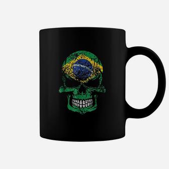 Brazilian Flag Skull Brazil Skull Distressed Design Coffee Mug - Seseable