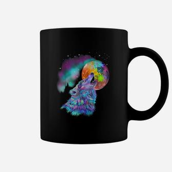 Colorful Rainbow Psychedelic Howling At Moon Wolf Coffee Mug - Seseable