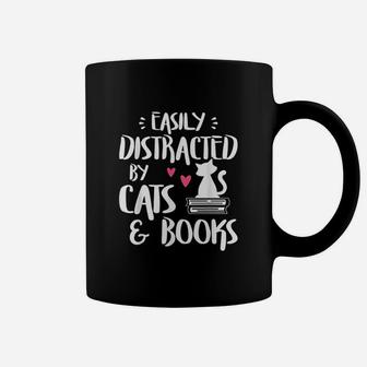Easily Distracted By Cats And Books Cat Book Lover Coffee Mug - Seseable