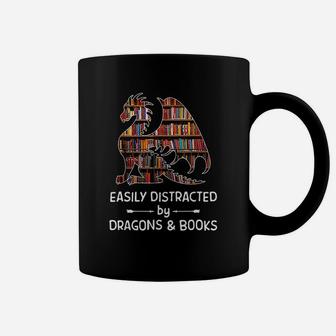 Easily Distracted By Dragon And Books Nerds Coffee Mug - Seseable