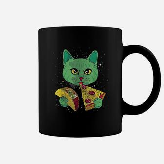 Funny Galaxy Cat Eat Pizza And Taco Outer Space Kitten Coffee Mug | Seseable CA
