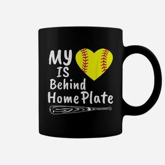 My Heart Is Behind Home Plate Softball Proud Mom Dad Gift Coffee Mug - Seseable