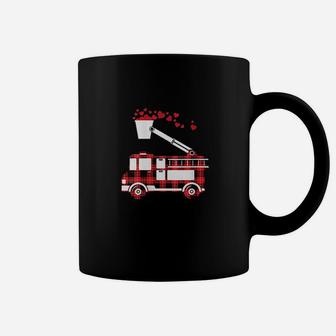 Red Plaid Fire Truck Funny Fireman Valentines Day Gift Coffee Mug - Seseable
