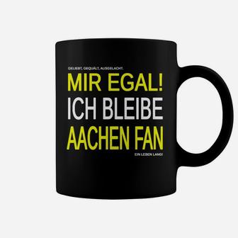 Schwarzes Aachen Fan Tassen mit Mir egal! Ich bleibe Fan Aufdruck in Gelb - Seseable