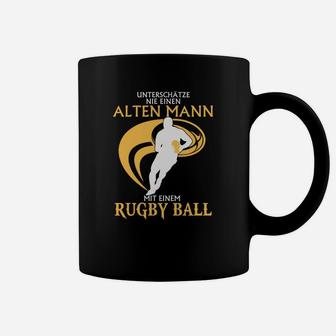 Schwarzes Tassen, Alter Mann mit Rugbyball, Lustiges Rugby-Motiv - Seseable