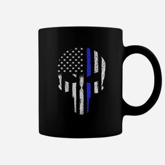 Thin Blue Line Law Enforcement Police Officer Patriotic Skull Coffee Mug - Seseable