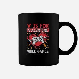 V Is For Video Games Funny Anti Valentine's Day Gamer Coffee Mug - Seseable