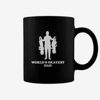 Worlds Okayest Dad Holding Upside Down Kids Funny Fathers Day Coffee Mug - Seseable