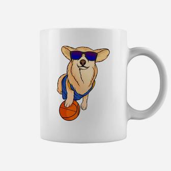 Cartoon Cute Corgi Dog Wearing Sunglasses With Basketball Coffee Mug - Seseable