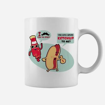 Hot Dog Ketchup Mustache Chasing Humor Funny Food Coffee Mug - Seseable