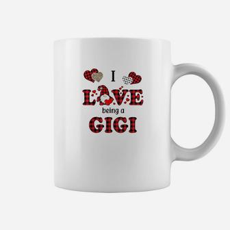 I Love Being A Gigi Gnomes Red Plaid Heart Valentine's Day Coffee Mug - Seseable