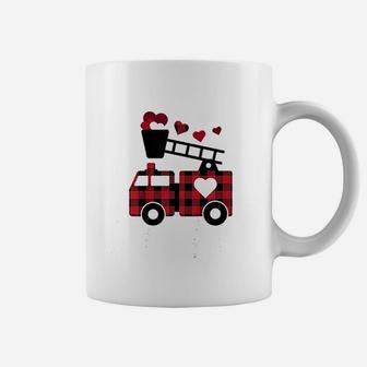 Kids Fire Truck Buffalo Plaid Valentines Day Mom Dad Son Coffee Mug - Seseable