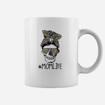 Mom Life Mama Life Messy Bun Dead Tired Mama Leopard Skull Coffee Mug - Seseable