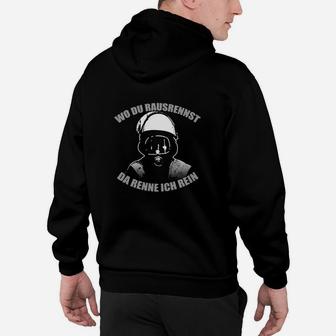 Schwarzes Hoodie mit Helm-Motiv - Wo du rausrennst, da renne ich rein - Seseable