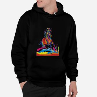 Buntes Pferd Grafikdesign Schwarzes Hoodie, Kreatives Motiv für Tierfreunde - Seseable