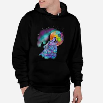 Colorful Rainbow Psychedelic Howling At Moon Wolf Hoodie - Seseable