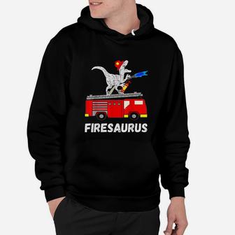 Fire Fighter Saurus Firetruck Fireman Dinosaur T Rex Hoodie - Seseable