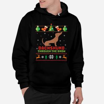 Funny Ugly Christmas Sweater Dog Dachshund Thru Snow Hoodie - Seseable