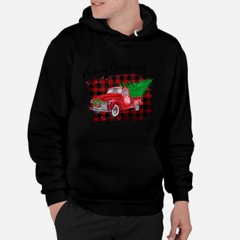 Red Truck Merry Christmas Holiday Christmas Tree Red And White Plaid Hoodie - Seseable