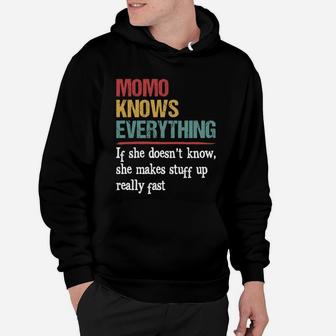 Vintage Momo Knows Everything Quote Black Hoodie - Seseable
