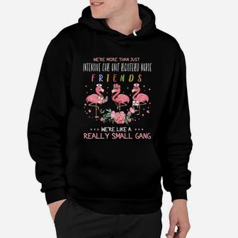 We Are More Than Just Intensive Care Unit Registered Nurse Friends We Are Like A Really Small Gang Flamingo Nursing Job Hoodie - Seseable