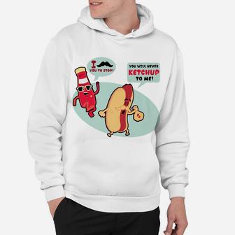 Hot Dog Ketchup Mustache Chasing Humor Funny Food Hoodie - Seseable