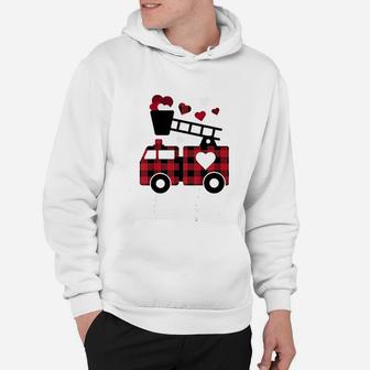 Kids Fire Truck Buffalo Plaid Valentines Day Mom Dad Son Hoodie - Seseable