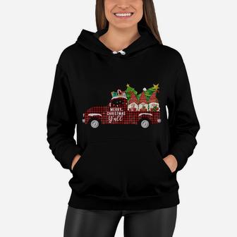 Merry Christmas Gnomes Red Plaid Truck Xmas Tree Happy Vacation Women Hoodie - Seseable