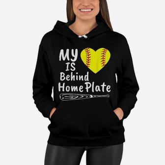 My Heart Is Behind Home Plate Softball Proud Mom Dad Gift Women Hoodie - Seseable