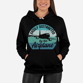 Vintage Easily Distract By The Airplane Pilot Job Women Hoodie - Seseable
