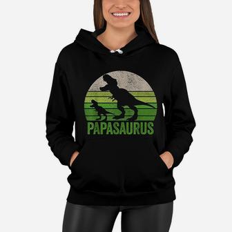 Vintage Papasaurus Dad Apparel Funny Papa Two Dinosaurs Women Hoodie - Seseable