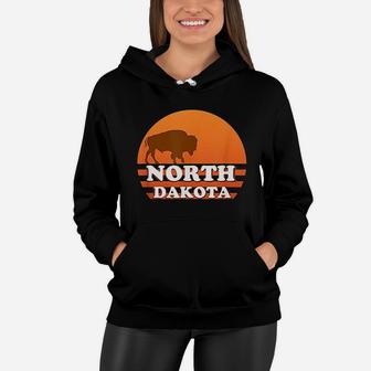 Vintage Sunset North Dakota 70s 80s Retro Bison Buffalo Women Hoodie - Seseable