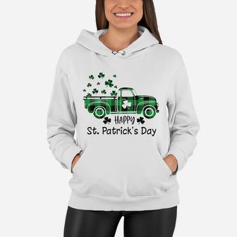 Buffalo Plaid Shamrock Vintage Truck Happy St Patricks Day Women Hoodie - Seseable