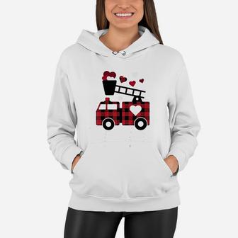 Kids Fire Truck Buffalo Plaid Valentines Day Mom Dad Son Women Hoodie - Seseable
