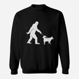 Bigfoot Sasquatch Walking Husky Dog Lovers Gift Sweat Shirt - Seseable