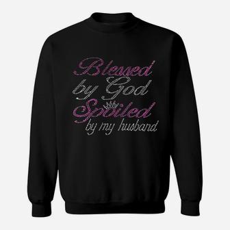 Blessed By God Spoiled My Husband Rhinestone Bling Sweat Shirt - Seseable