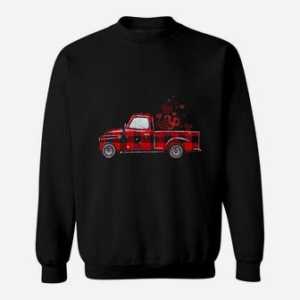 Buffalo Red Plaid Hearts Vintage Truck Cute Valentine's Day Sweat Shirt - Seseable