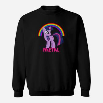 Cartoon-Pony Schwarzes Sweatshirt, Metal-Stil mit Regenbogen - Seseable