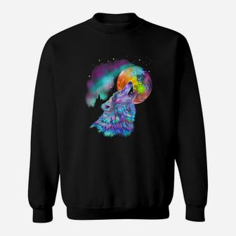 Colorful Rainbow Psychedelic Howling At Moon Wolf Sweat Shirt - Seseable