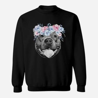 Cute Pitbull Face Floral Watercolor Flower Pittie Mom Sweat Shirt - Seseable