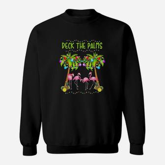 Deck The Palms Merry Flamingo Christmas Funny Sweat Shirt - Seseable