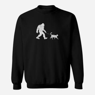 Funny Bigfoot Walking A Cat Sasquatch Yeti Cat Gift Sweat Shirt - Seseable