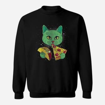 Funny Galaxy Cat Eat Pizza And Taco Outer Space Kitten Gift Sweat Shirt - Seseable